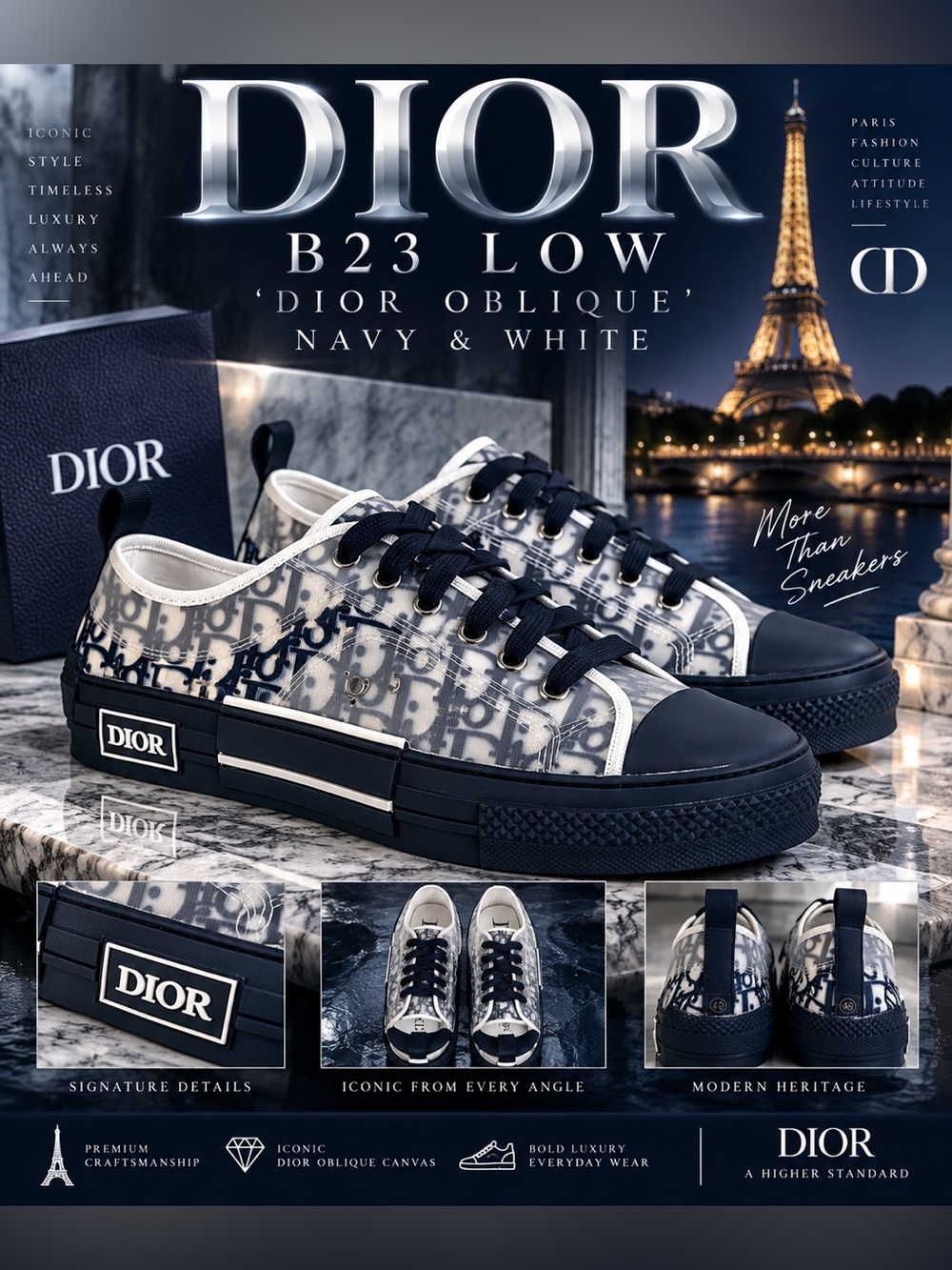 New!🔥Dior B23 Navy and White Oblique Low-Top Sneakers!🔥